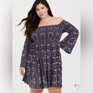 Torrid Challis Medallion Off-Shoulder Floral Smocked Skater Dress - Size 3 (3X)